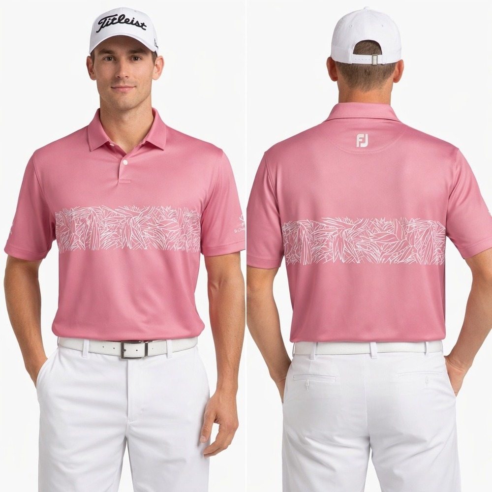 FootJoy FJ Shirt Mens Large Pink Botanical Stripe Polo Short Sleeve‎ Logo Golf